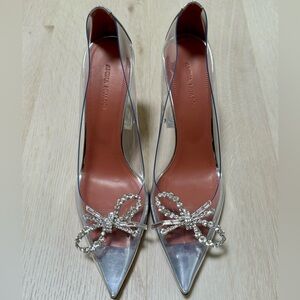 NEW Amina Muaddi Rosie 95mm Crystal Bow Glass Pumps